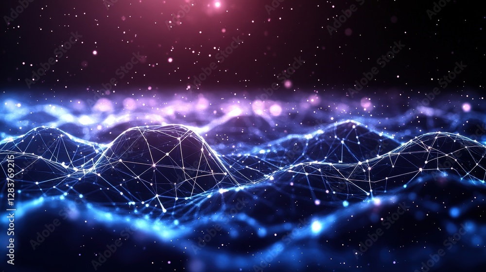 Poster abstract digital network of lines and dots on a dark background representing data visualization and 