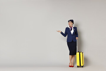 Happy stewardess with suitcase showing something on grey background. Space for text