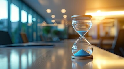 Hourglass on Desk: A thoughtful image of an hourglass placed on a desk, symbolizing the passage of time in an office setting and the importance of time management.