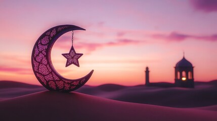 Crescent moon and star with Arabic lantern in desert at sunset, symbolizing Ramadan Kareem with a small mosque silhouette and pastel pink and purple sky creating depth and serenity