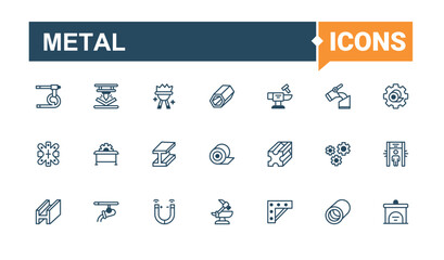 Metal icons set in linear style. Contains such icons as stainless, channel, round, industry, square and more. Minimalistic icon. Vector line and solid icons.