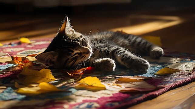 A playful tabby cat lying on a colorful rug surrounded by autumn leaves, basking in natural sunlight with a relaxed posture and curious expression