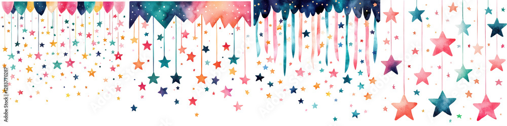 Poster colorful and vibrant abstract background with exploding confetti floating balloons and shimmering st