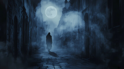 A ghostly figure haunts a moonlit street in a dark, misty, and eerie atmosphere. Eerie Moonlit Alleyway. Illustration