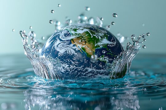 Planet Earth in the form of a globe in transparent water with splashes.
