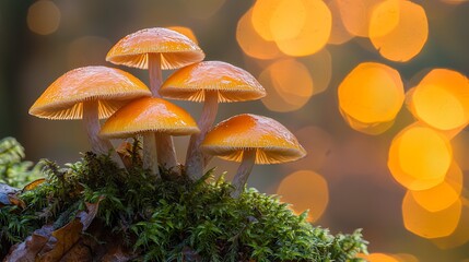 Fototapeta premium Group of orange mushrooms growing in a forest. Bokeh lights in background. Perfect for fall nature images
