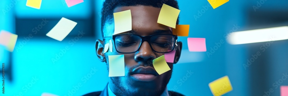 Poster professional surrounded by colorful sticky notes, eyes closed, embodying the stress and chaos of mul