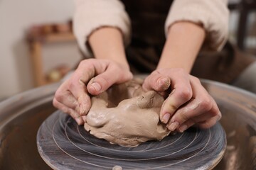 Hobby and craft. Woman making pottery indoors, closeup