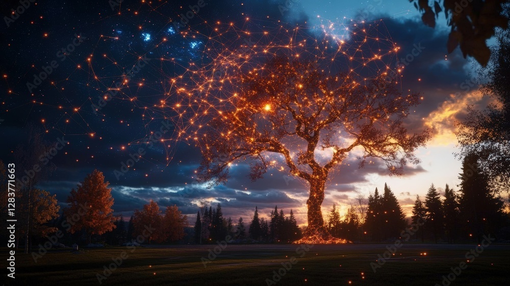 Poster tree adorned with numerous lights representing ai and mental health concepts in a serene setting
