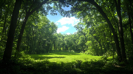 Fototapeta premium Lush green forest clearing illuminated by bright summer sunlight under a blue sky framed by tree branches.
