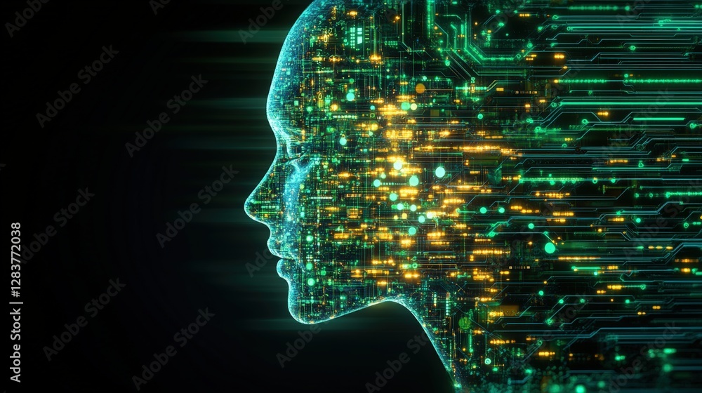 Poster persons head with circuit background and ai technology robot showcasing artificial intelligence conc