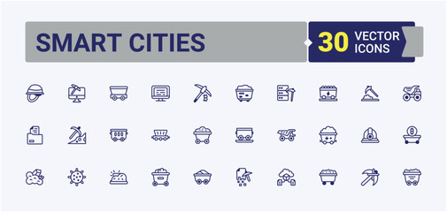 Mining Industry minimal icon set. Contains linear outline icons like excavator, construction, train, mining, factory, axe and more. Simple icon designs. Vector outline and solid icons collection.