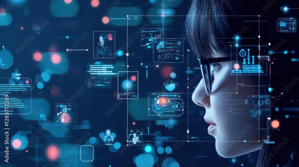 Aufkleber profile of a woman with glasses surrounded by futuristic digital data visualizations and holographic