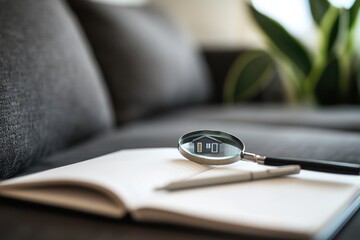 Magnifying Glass on Open Notebook with Pen and Plant in Background
