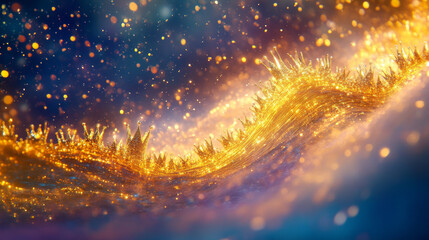 Naklejka premium Abstract golden light trail with shine and crown signs. Gold glow motion effect, shiny flare wave with sparkles and flying royal symbols, vector realistic illustration