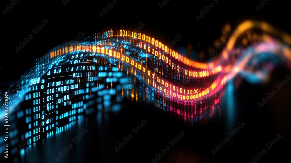 Poster digital wave with glowing lights and abstract data flowing through a connected network of particles