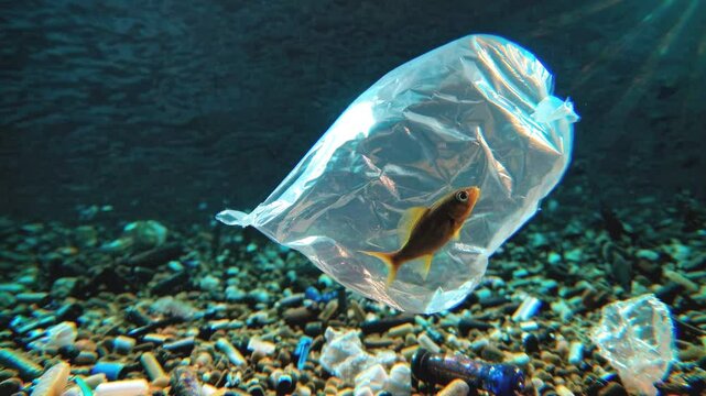 A struggling fish caught inside a plastic bag, symbolizing the devastating effects of ocean pollution and marine debris