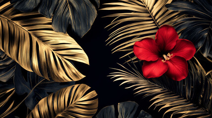 Tropical black and gold leaves on dark background vector poster Beautiful botanical design with golden tropic jungle palm leaves, exotic red flower Wedding ceremony invitation card, christmas greeting