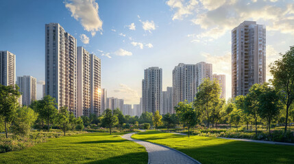 Naklejka premium City skyline, summer urban view background with skyscrapers, green lawn and pathway. Summertime cityscape. downtown with architecture with residential buildings panorama, Cartoon vector illustration