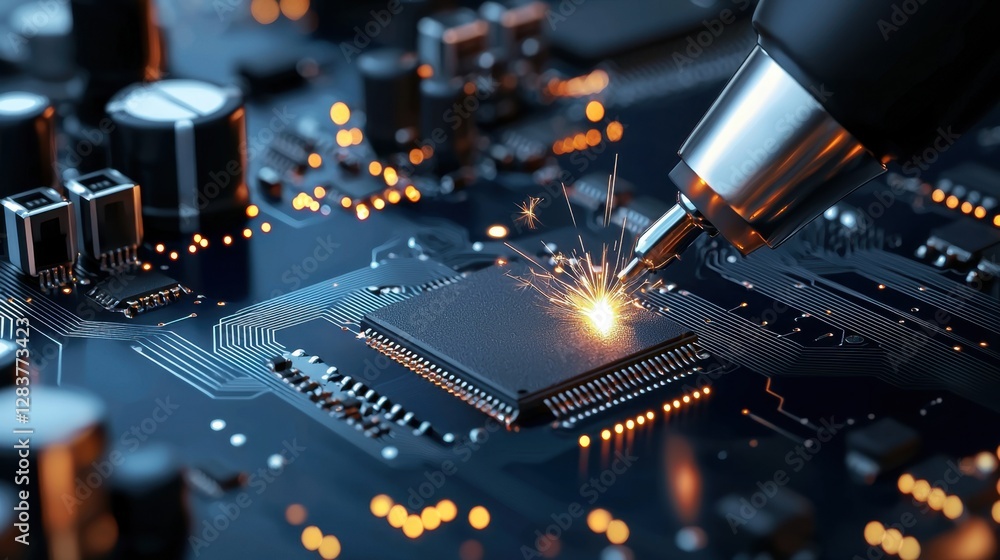 Poster close-up of electronic circuit board with sparks creation from tool on chips, showing high-tech prec