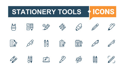 Stationery Tools simple icon. Includes thin line drawing, simple, book, list, marker, web, crayon, stationery. Minimal linear icons. Solid line editable vector illustration.