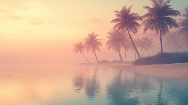 Serene Sunset Over Calm Water with Palm Trees in Misty Landscape
