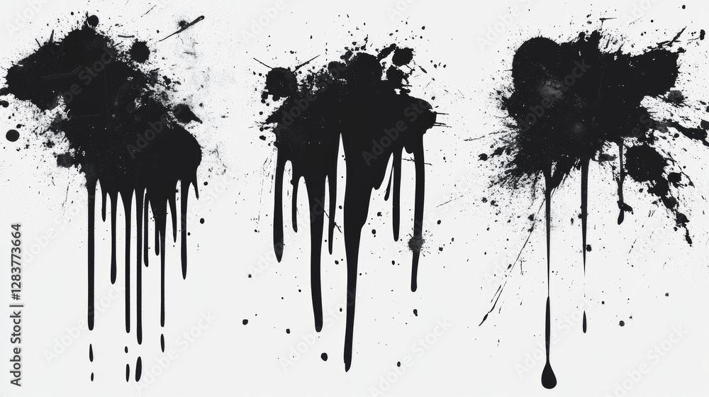 Poster white paint spray brushes, ink splashes and lines with splatters and drips. stains and strokes with 