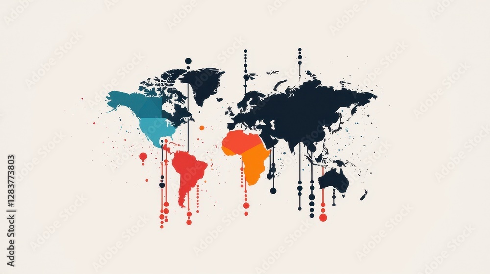 Poster colorful abstract world map with creative splash effects representing global connections and diversi