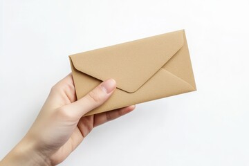Fototapeta premium Hand Grasping a Blank Postcard on a Pure White Background in an Angled Position for Invitations or Greetings