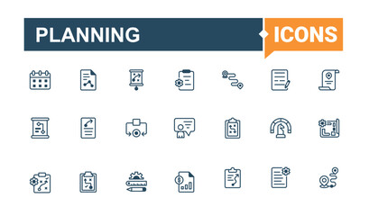 Planning Set of icons. It contains symbols to time, fun, present, saving, business, leader, target, solution. Icon design. Minimalist editable vector stroke.