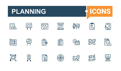 Planning Set of icons. It contains symbols to time, fun, present, saving, business, leader, target, solution. Icon design. Minimalist editable vector stroke.