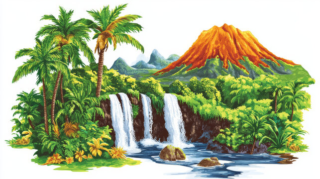 Prehistoric planet landscape set with volcano, green plants, flowers and waterfall isolated on white background. Mountain with crater and smoke, tropical tree and river, vector cartoon illustration