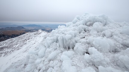 Frozen mountain peak, winter landscape, icy formations, background vista
