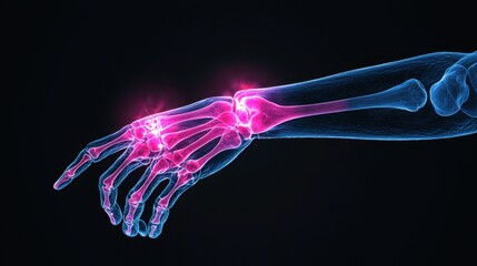 Anatomical Illustration of Human Arm with Highlighted Joints and Tendons in a Semi-Transparent Style on a Dark Background
