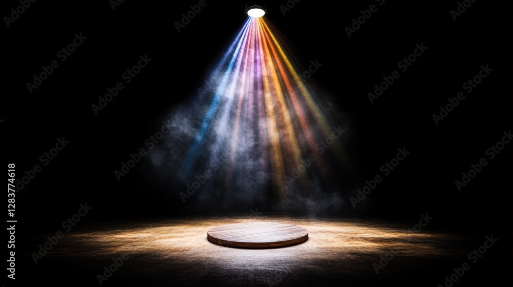 Poster light beam illuminating a wooden table with artistic stage light background in performance setting