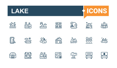 Lake vector icon set. It contains symbols to countryside, house, country, river, park and more. Minimalistic icons. Solid line editable stroke. Vector line and solid icons.