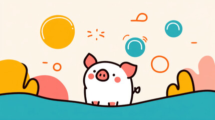 Cute pig, A whimsical image of a pig joyfully blowing bubbles in a grassy field, perfect for playful or nature-themed projects.