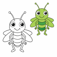 A playful grasshopper cartoon character with big eyes and long legs, hopping on a bright green grass field, ready to color with vibrant hues and fun details.