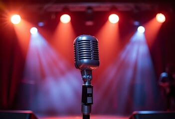 Obraz premium Classic microphone stands under bright spotlights on concert stage