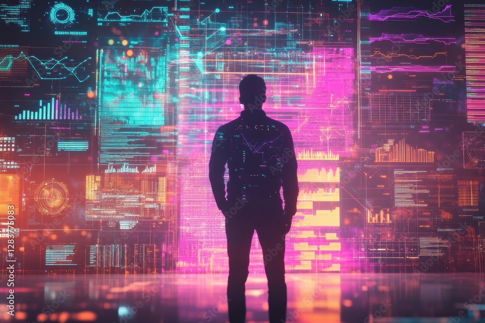 Aufkleber futuristic human silhouette engaged with dynamic ai data visualizations and analytical charts in a d