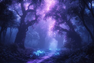 Obraz premium Magical Forest Path Glowing Trees Night Scene Fantasy World,