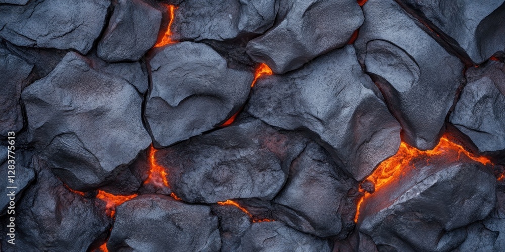 Poster hot red lava flows vividly contrast against dark volcanic rocks creating an eye-catching texture. id