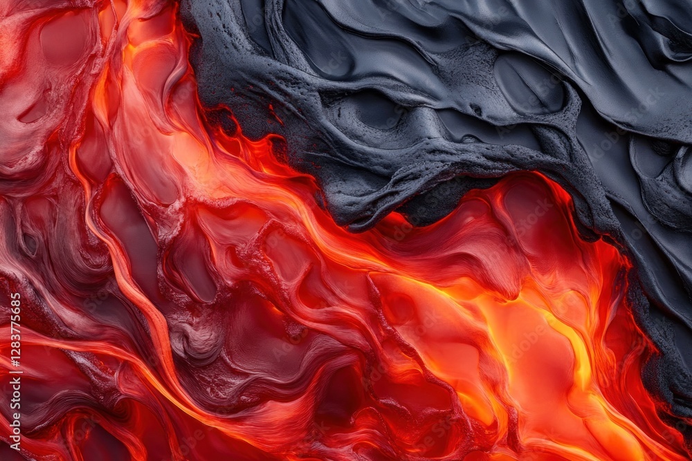 Poster captivating texture features vibrant red lava with intricate flowing patterns against a dark backdro