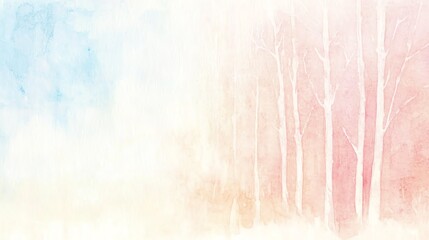Fototapeta premium A serene, abstract landscape featuring soft pastel colors and faint white trees, evoking a tranquil and dreamy atmosphere.