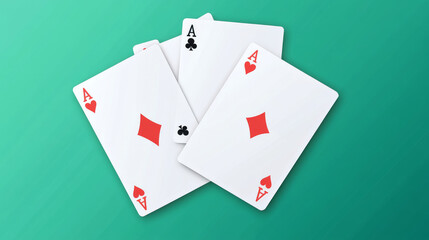 Obraz premium Playing cards mockup - realistic vector illustration set of four blank white paper or cardboard elements for poker game template. Empty mock up on green background for casino or gambling business.