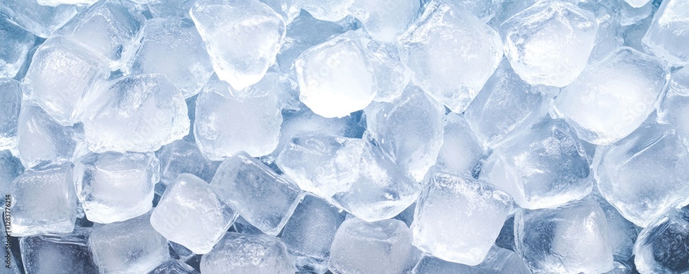 Poster crystal-clear ice cubes are layered closely together creating a refreshing and textured background. 