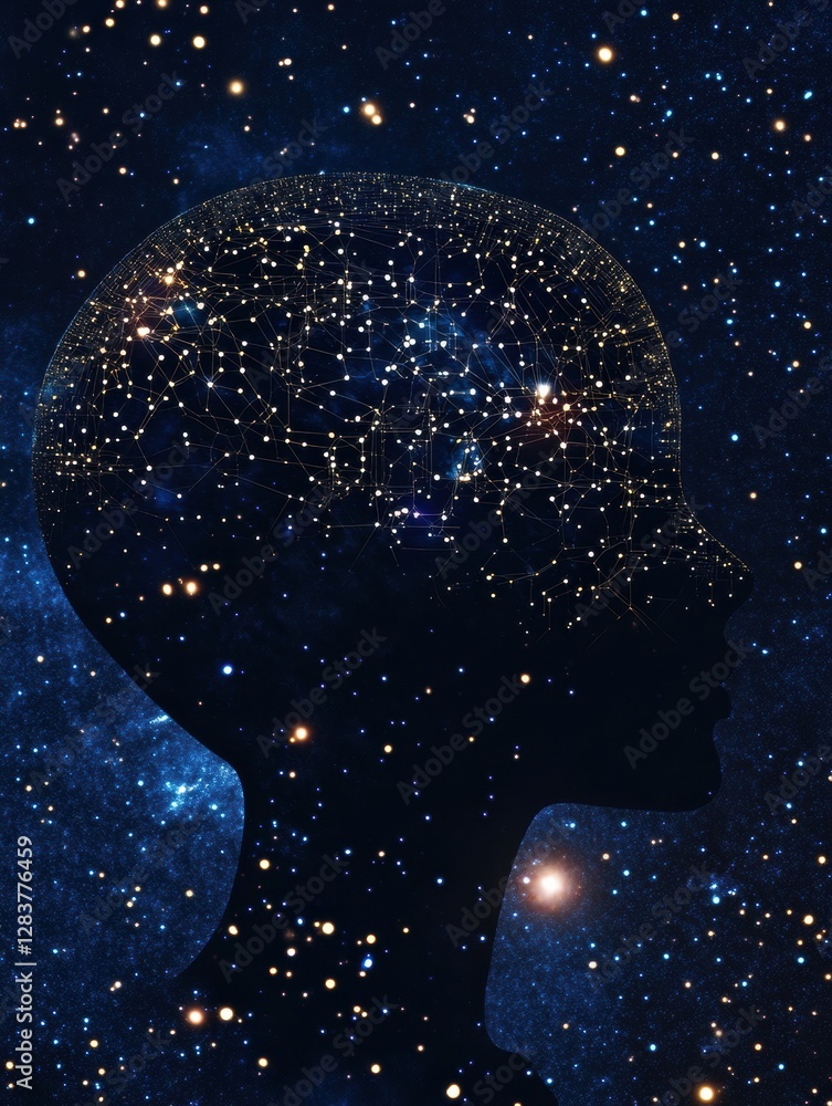 Aufkleber Exploring the depths of quantum computing through the silhouette of a human head illuminated by glowing circuits. Generative AI