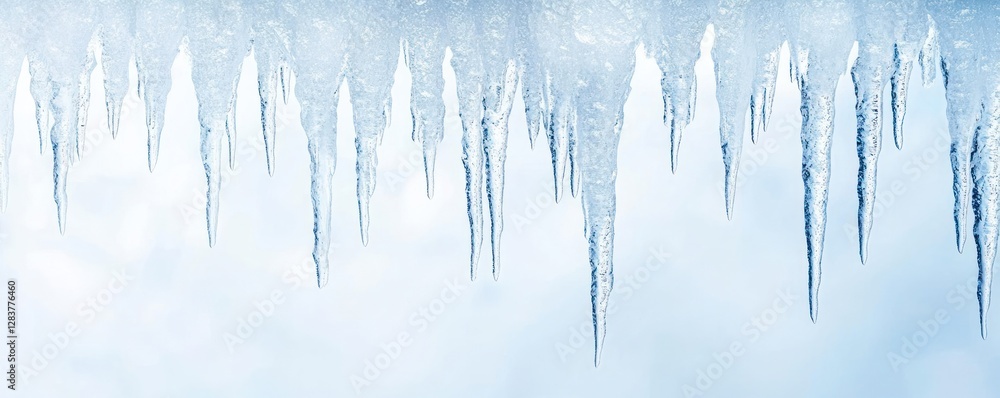 Poster long icicles dangle from a surface showcasing intricate textures while forming a cold tone across th