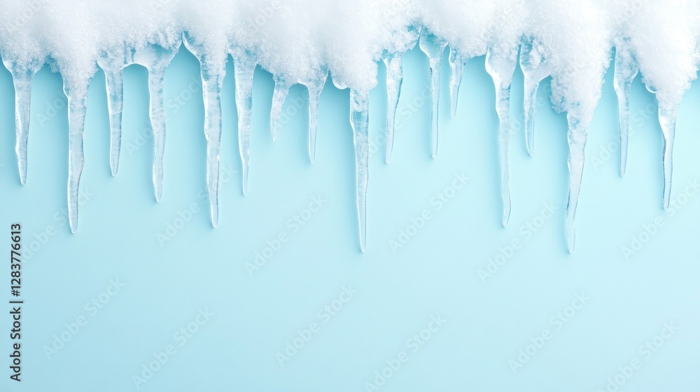 Poster icicles form a stunning texture along the snowy edge creating an elegant display against a soft ligh