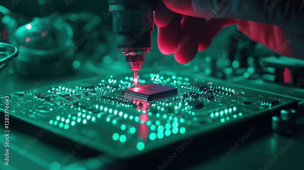 Poster close-up of a hand holding a laser tool engaging with a microchip on a circuit board in a high-tech 